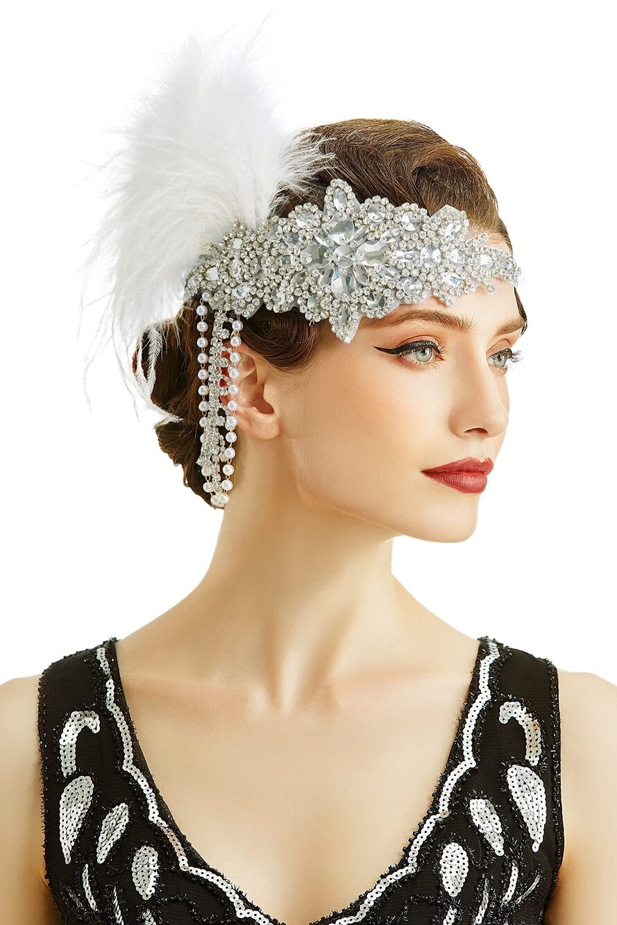 1772 ’s 1920s Headband Flapper Feather Headpiece with Chain Roaring 20s